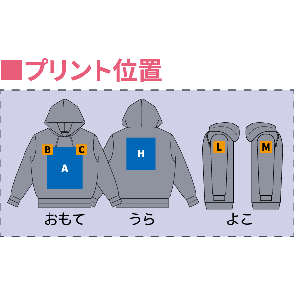 ポケットレスパーカプリント位置