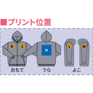 Wフードプルパーカープリント位置
