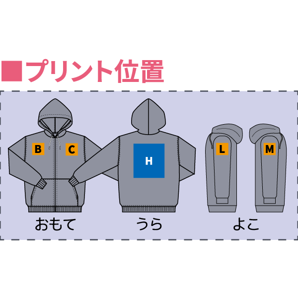 Wフードプルパーカープリント位置
